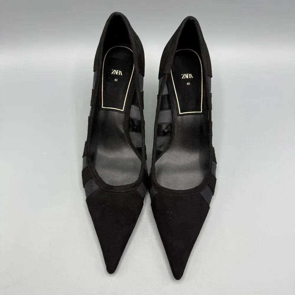 Zara Black Kitten Heels Pointed Toe Mesh Stripe Detailing Size EU 40 US 9